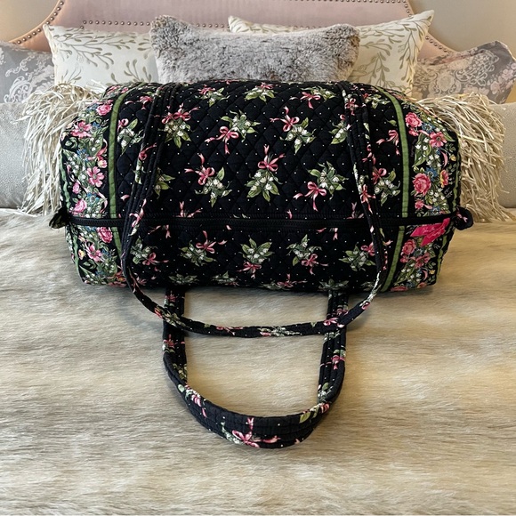 VERA BRADLEY New Hope 2004 Large Duffle Bag Zip Top Black Pink Floral Bows Y2K - Picture 9 of 14